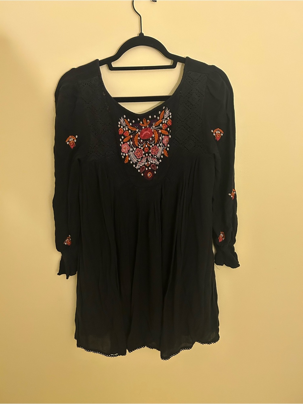 Free People Black Long-Sleeve Embroidered Tunic Dress